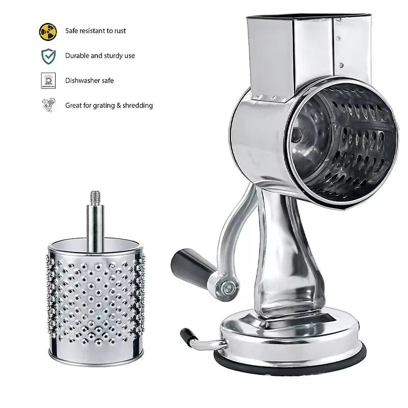 Food Grater with Interchangeable Blades and Stainless Steel Design