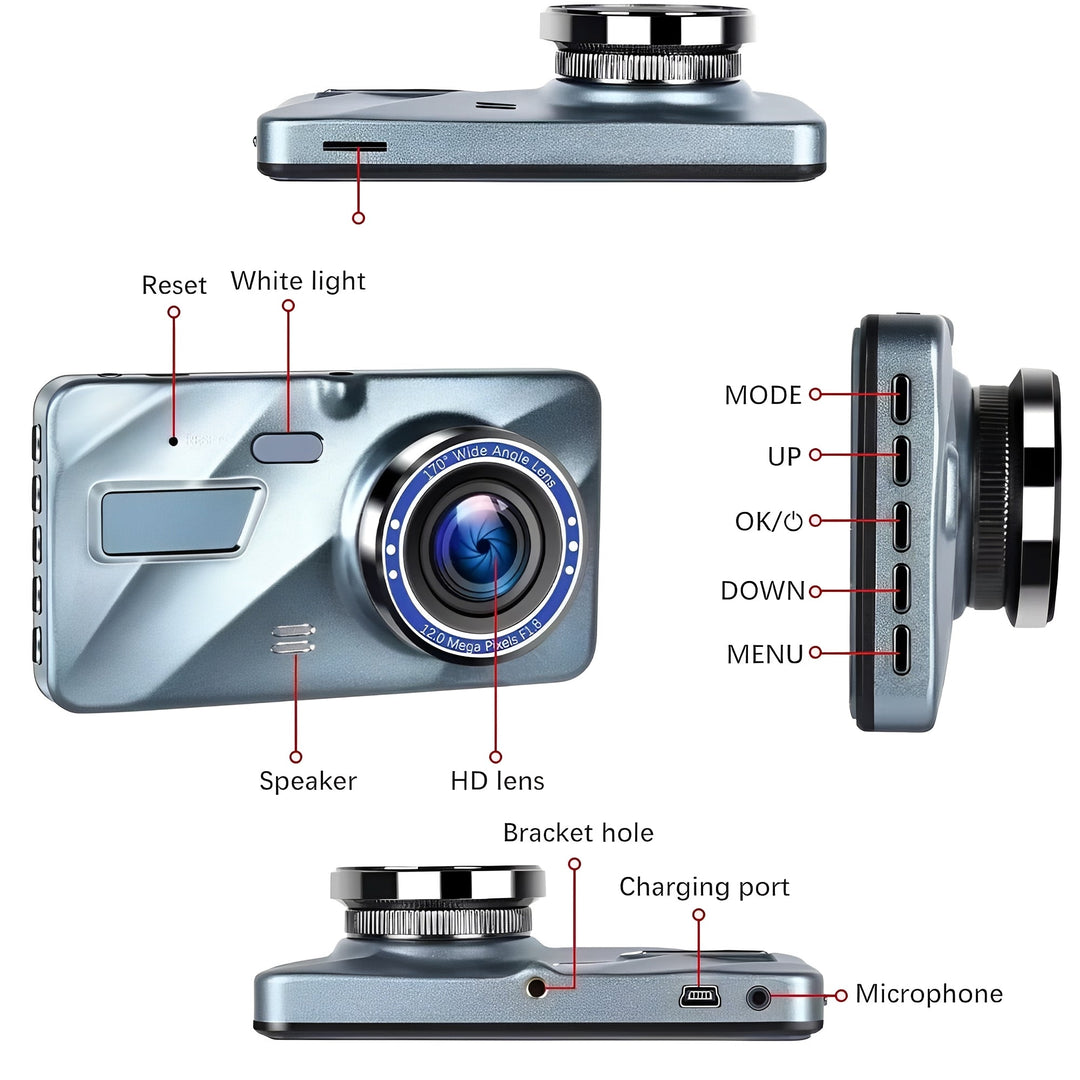 Dash Cam with Dual Lenses and 4-Inch Display