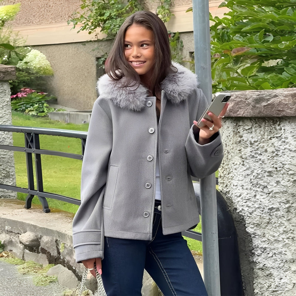 Wool Blend Coat with Removable Fur Collar and Buttons
