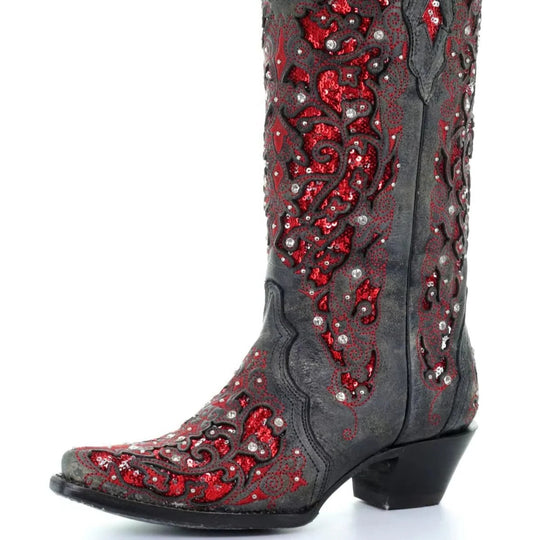 Boots with Sequined Embroidery and Color Block Heel