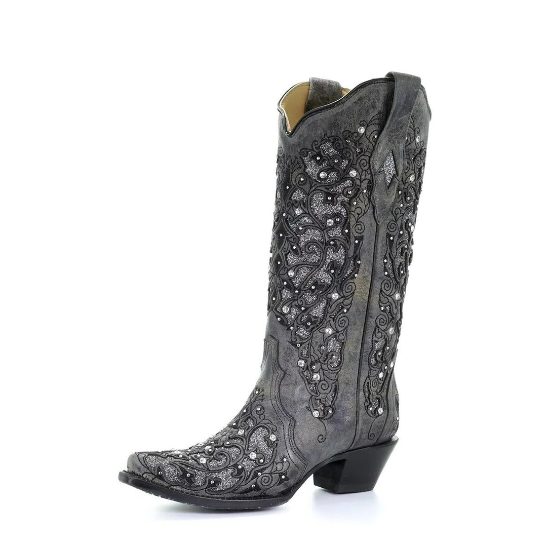 Boots with Sequined Embroidery and Color Block Heel