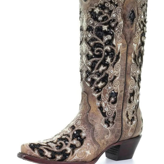 Boots with Sequined Embroidery and Color Block Heel