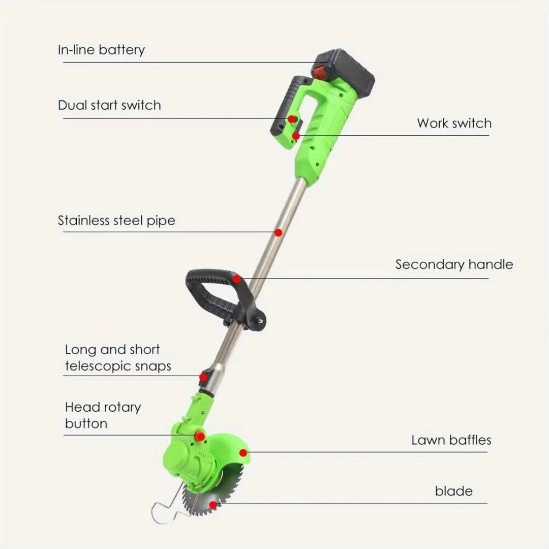 Cordless Grass Trimmer with Adjustable Length and Dual Batteries