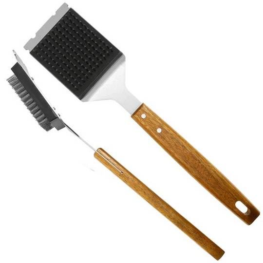 Grill Brush with Wooden Handle and Metal Scraper