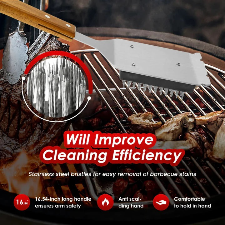 Grill Brush with Wooden Handle and Metal Scraper