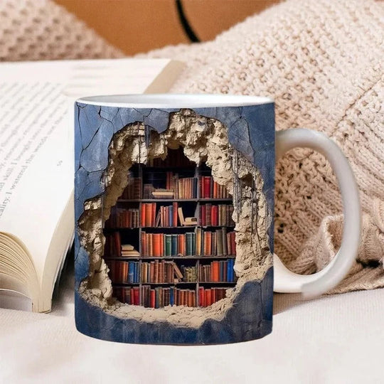 Ceramic Mug with 3D Bookshelf Design and Unique Style