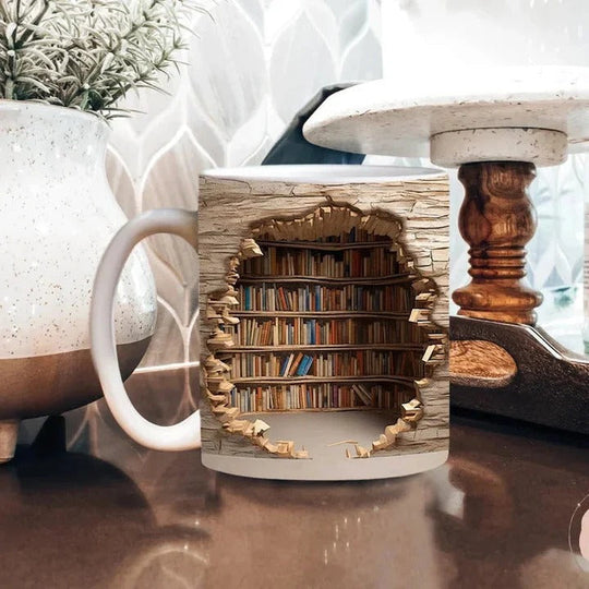 Ceramic Mug with 3D Bookshelf Design and Unique Style
