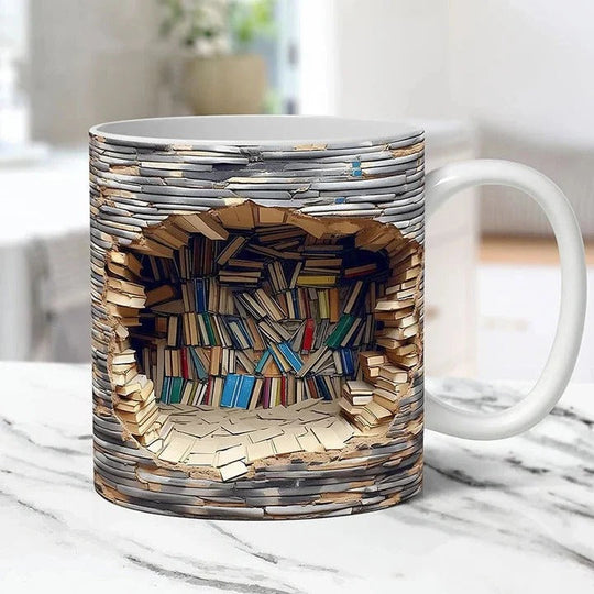 Ceramic Mug with 3D Bookshelf Design and Unique Style