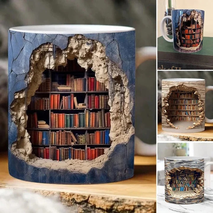 Ceramic Mug with 3D Bookshelf Design and Unique Style