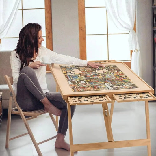 Jigsaw Puzzle Table with Adjustable Height and Folding Design