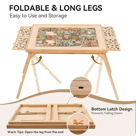 Jigsaw Puzzle Table with Adjustable Height and Folding Design