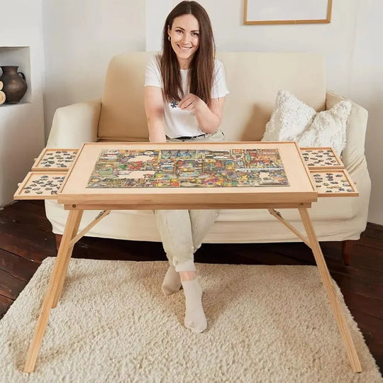 Jigsaw Puzzle Table with Adjustable Height and Folding Design