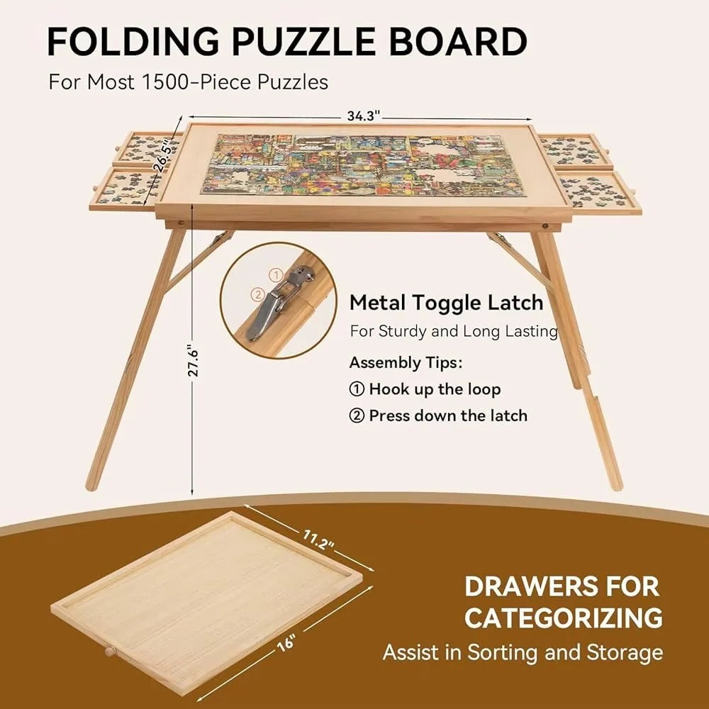 Jigsaw Puzzle Table with Adjustable Height and Folding Design