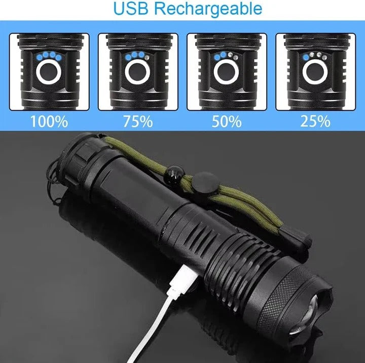LED Flashlight with Rechargeable Battery and Adjustable Beam