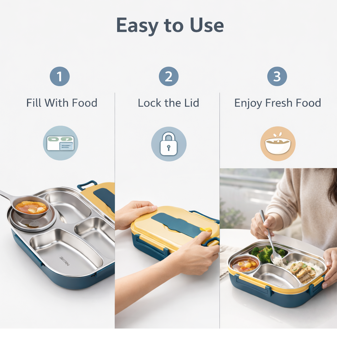 Lunch Box with Stainless Steel and Multi Compartments