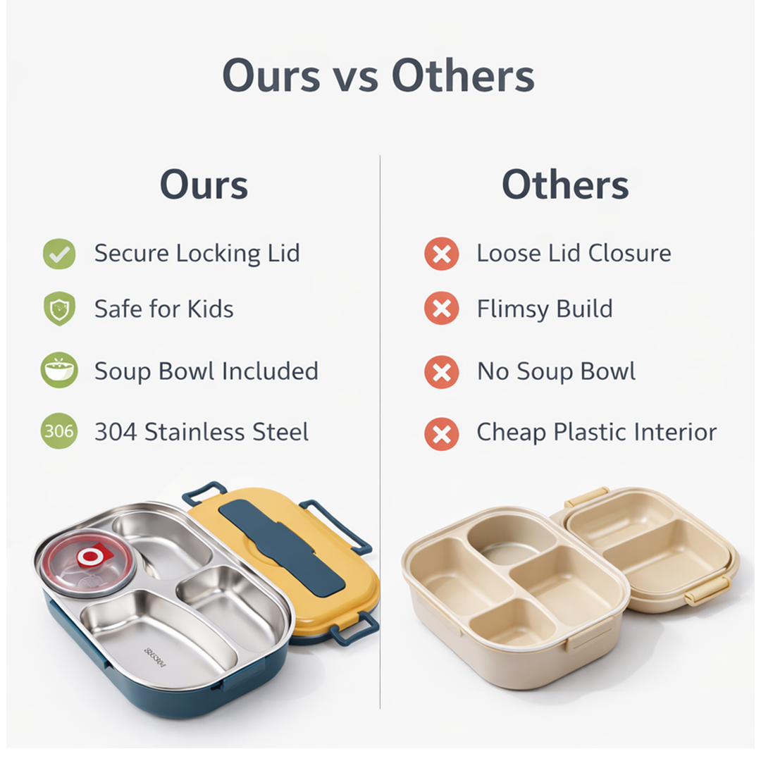 Lunch Box with Stainless Steel Design and Multi Compartments