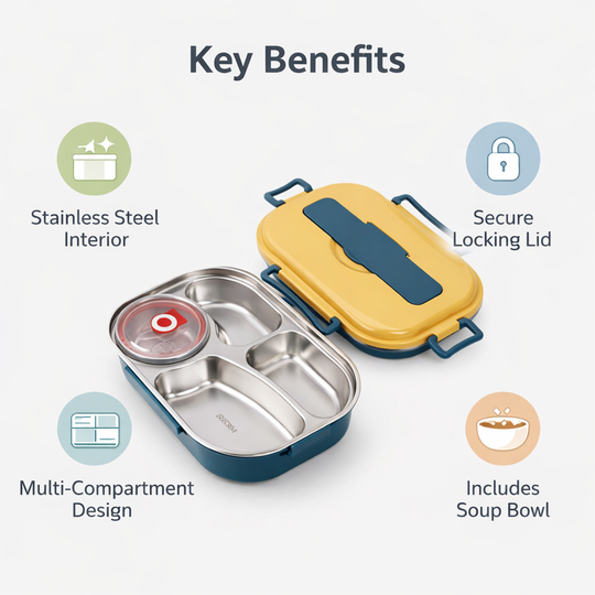 Lunch Box with Stainless Steel Design and Multi Compartments