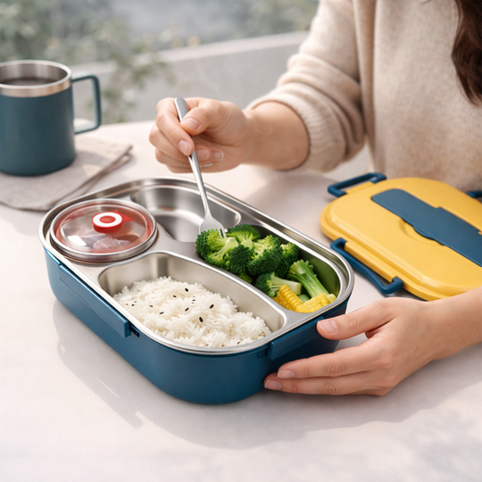 Lunch Box with Stainless Steel Design and Multi Compartments