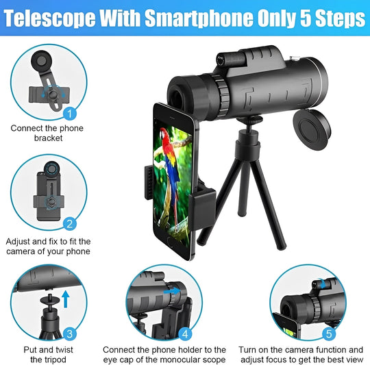 Monocular Telescope with Smartphone Adapter and Tripod