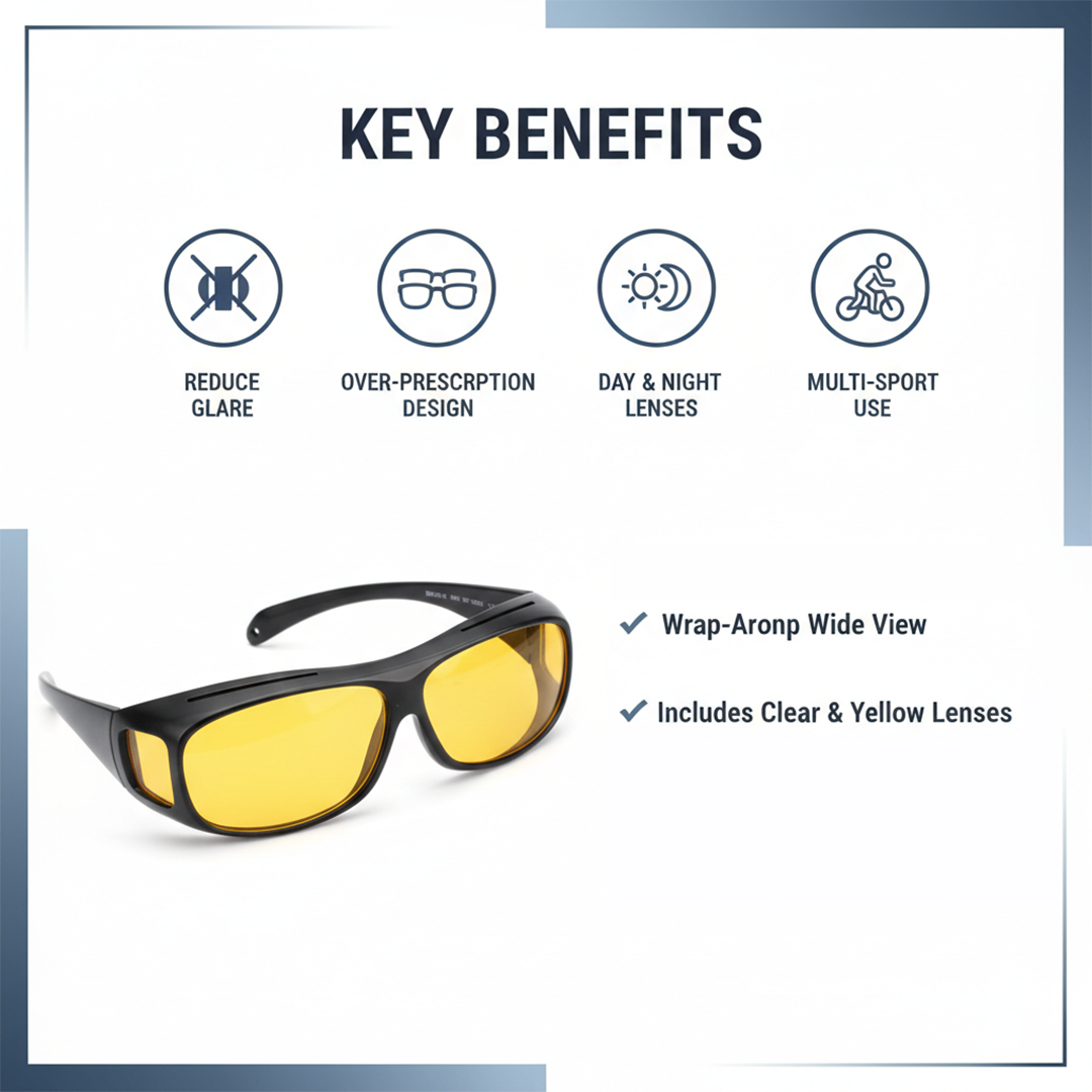 Night Vision Glasses with Anti-Glare and Over-Eyeglass Design