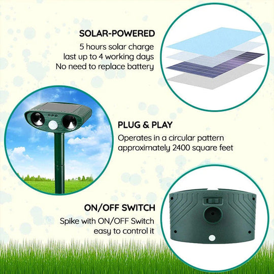 Outdoor Ultrasonic Animal Repeller with Solar Power and Motion Sensor