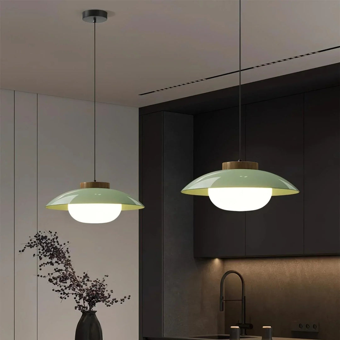 Pendant Light with Metal Shade and Wooden Accent