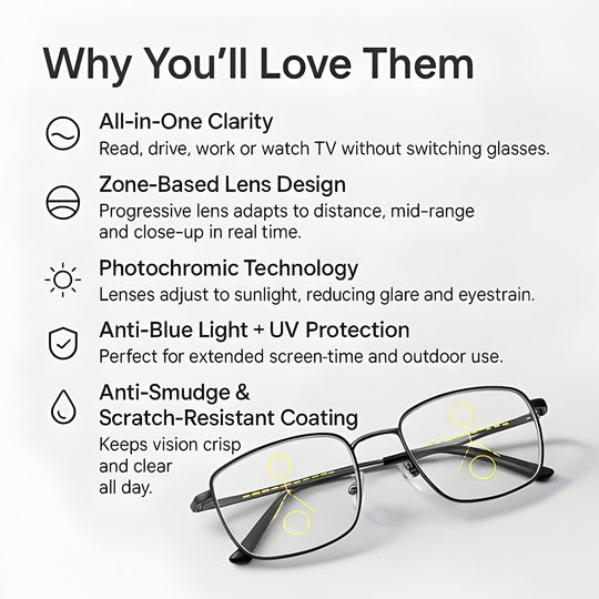 Progressive Glasses with Adaptive Lenses and UV Protection