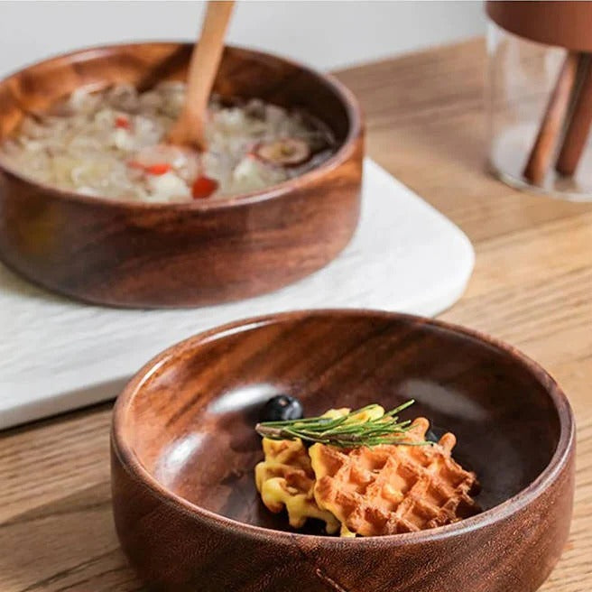 Serving Bowls with Walnut Wood and Round Design