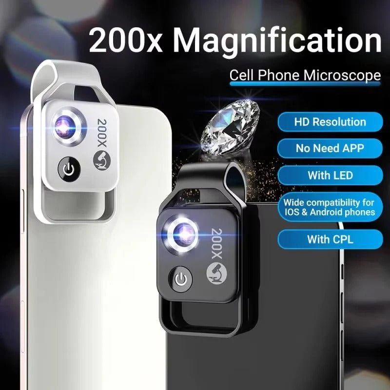 Smartphone Microscope with 200X Magnification and Universal Clip