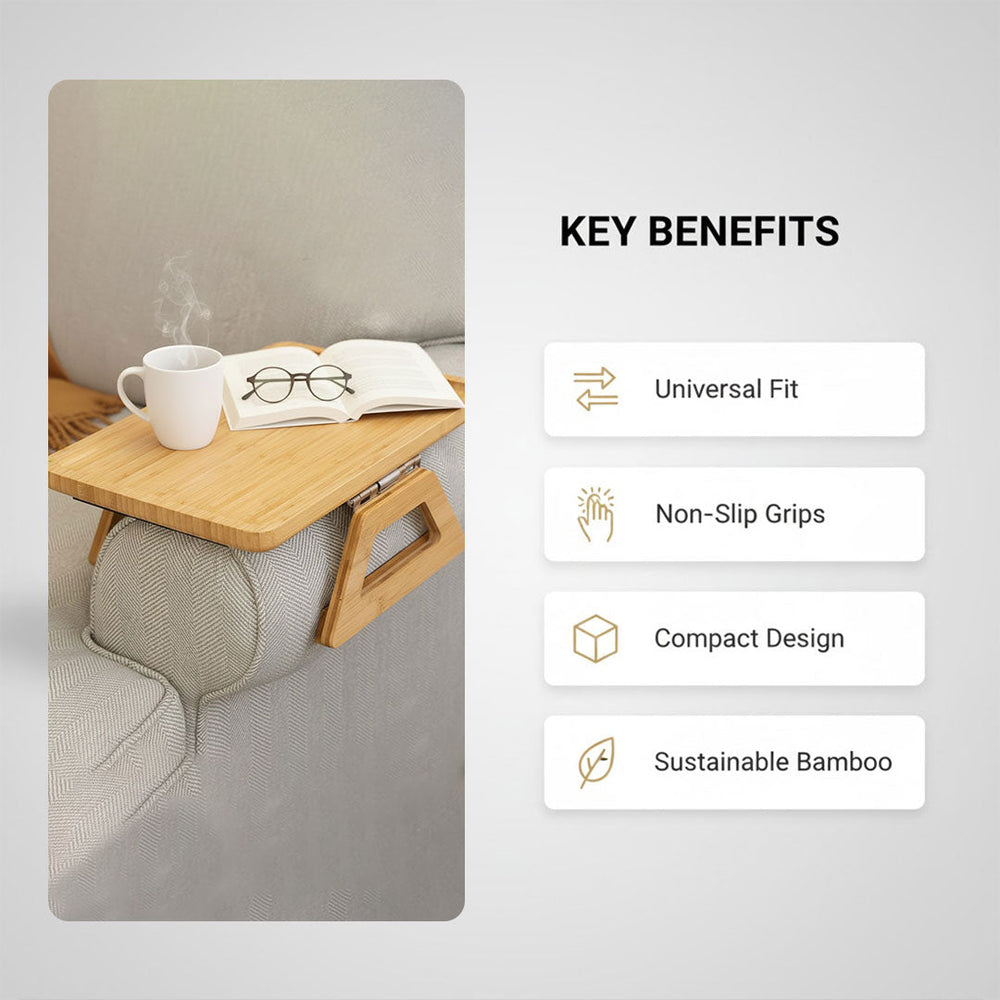 Sofa Arm Table with Non-Slip Grips and Adjustable Fit