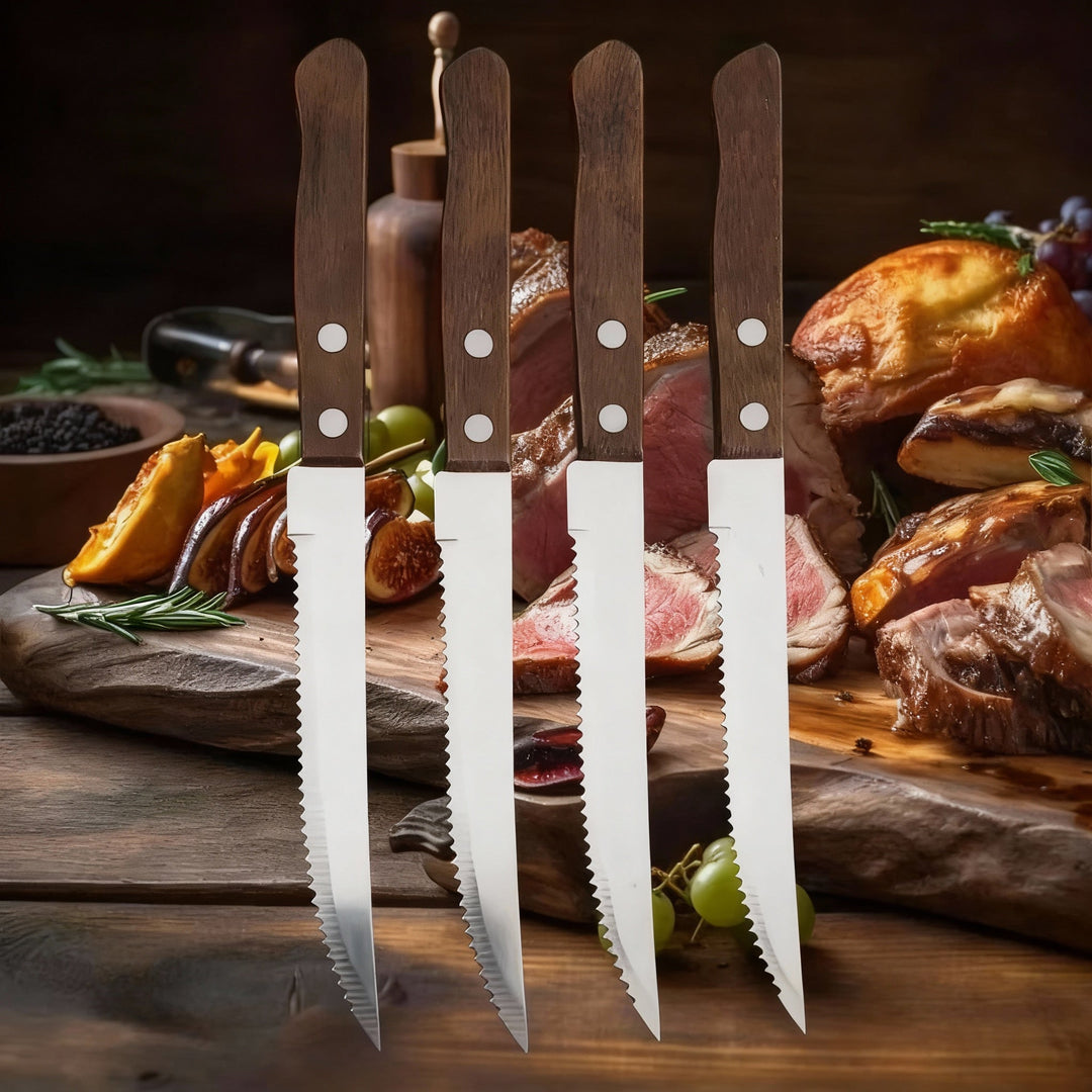 Steak Knife Set with Serrated Blades and Wooden Handles