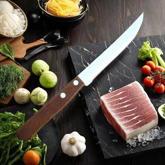 Steak Knife Set with Serrated Blades and Wooden Handles