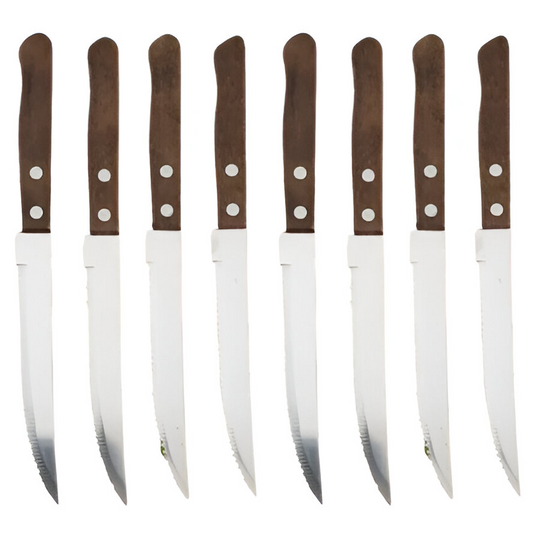 Steak Knife Set with Serrated Blades and Wooden Handles
