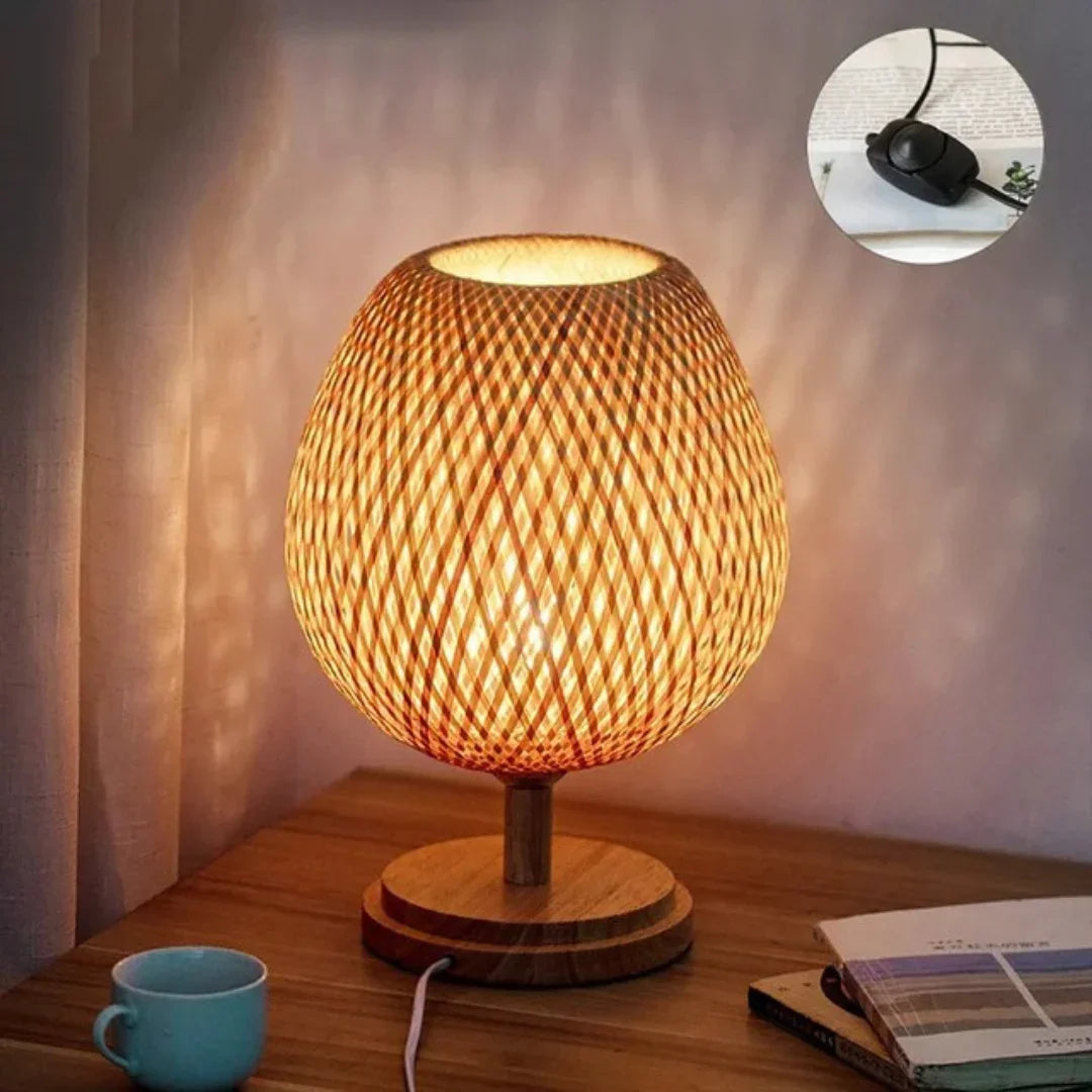 Table Lamp with Bamboo Shade and Wooden Base