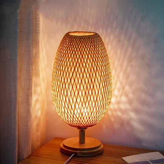 Table Lamp with Bamboo Shade and Wooden Base