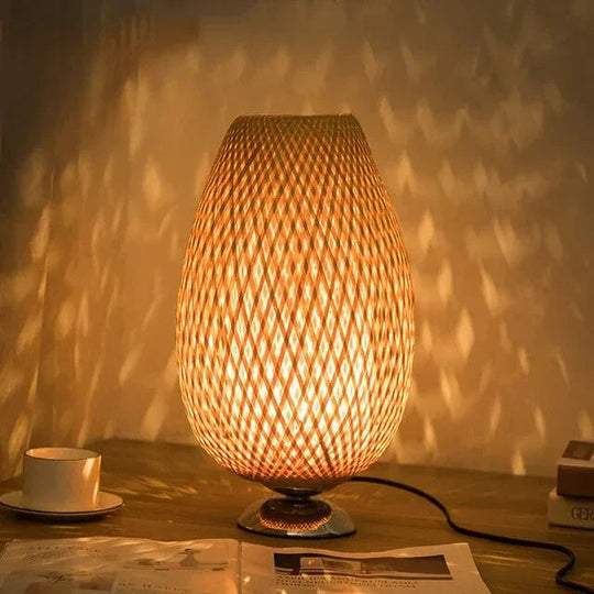 Table Lamp with Bamboo Shade and Wooden Base