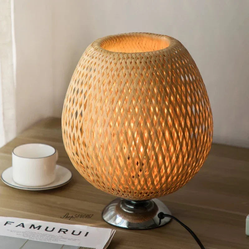 Table Lamp with Bamboo Shade and Wooden Base