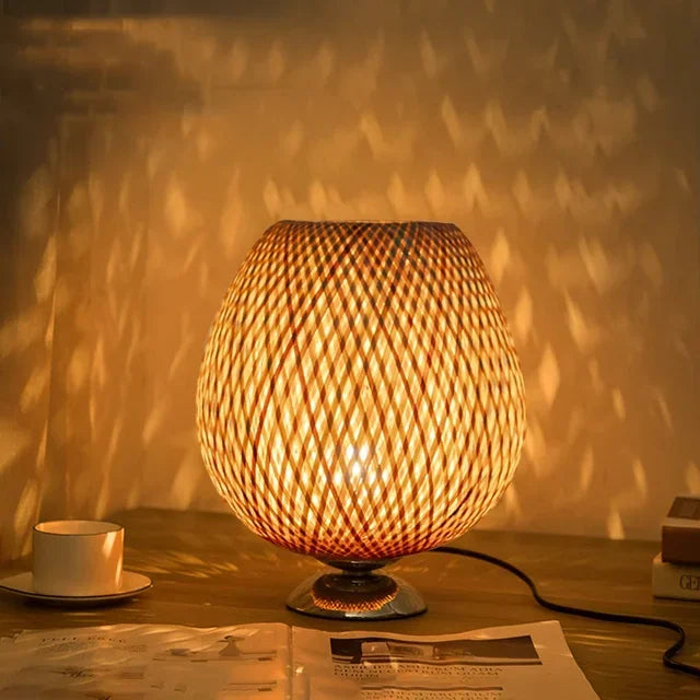 Table Lamp with Bamboo Shade and Wooden Base