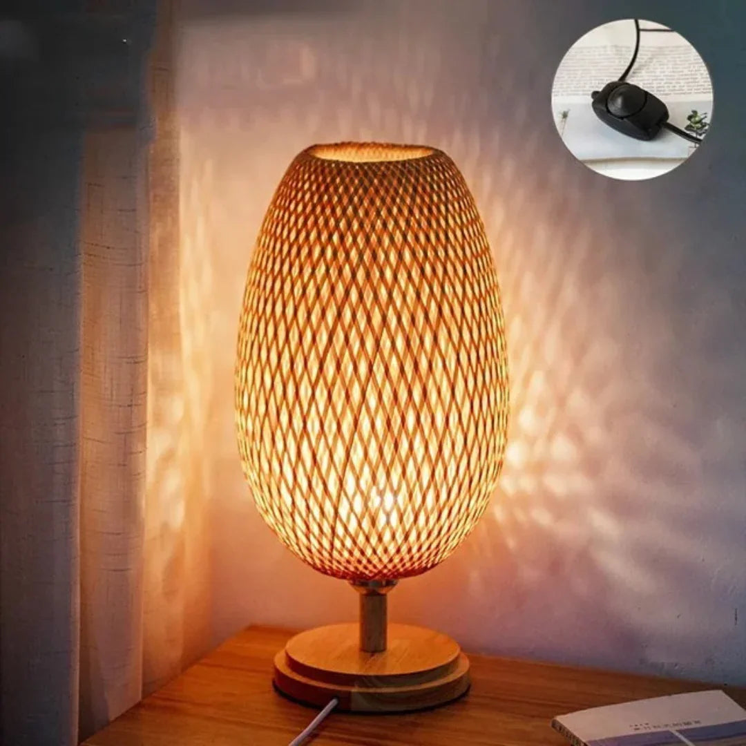 Table Lamp with Bamboo Shade and Wooden Base