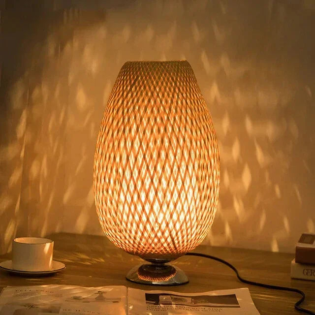 Table Lamp with Bamboo Shade and Wooden Base
