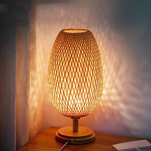 Table Lamp with Bamboo Shade and Wooden Base