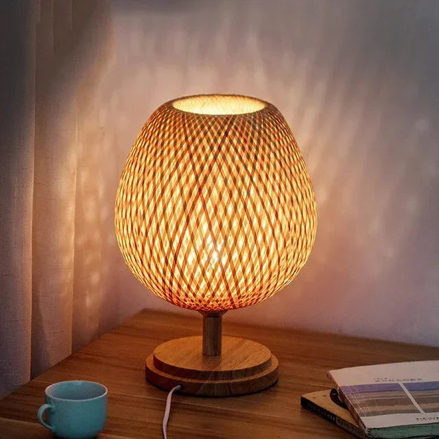Table Lamp with Bamboo Shade and Wooden Base