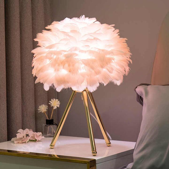 Table Lamp with Feather Shade and Tripod Base