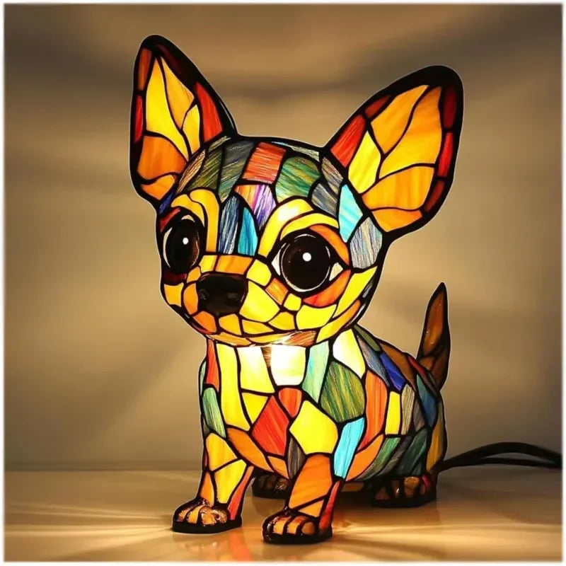 Table Lamp with Stained Glass and Dog Design