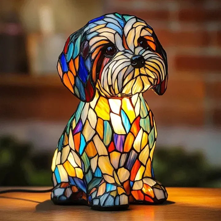 Table Lamp with Stained Glass and Dog Design
