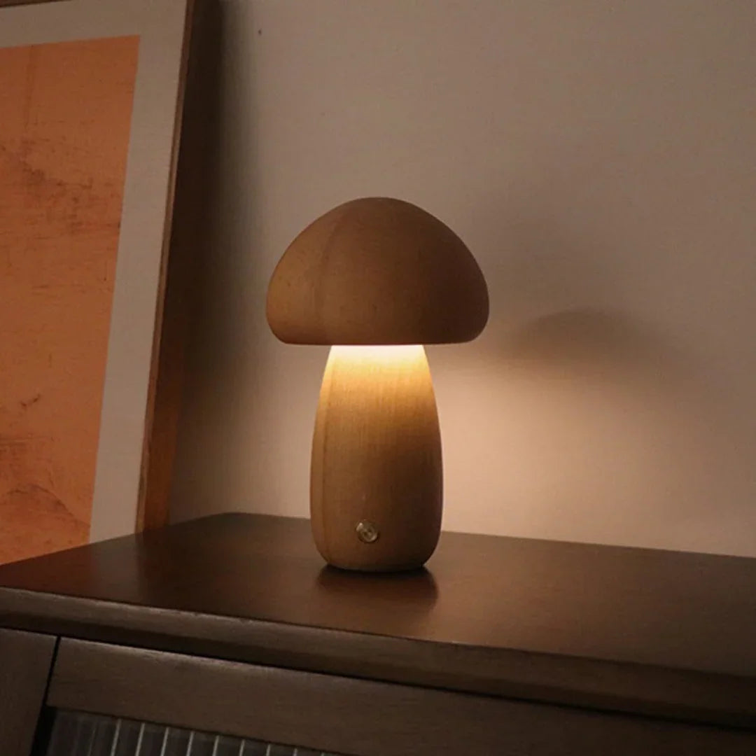 Table Lamp with Wooden Design and Mushroom Shape