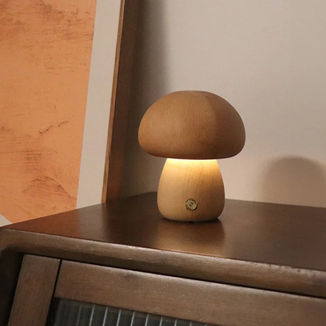 Table Lamp with Wooden Design and Mushroom Shape