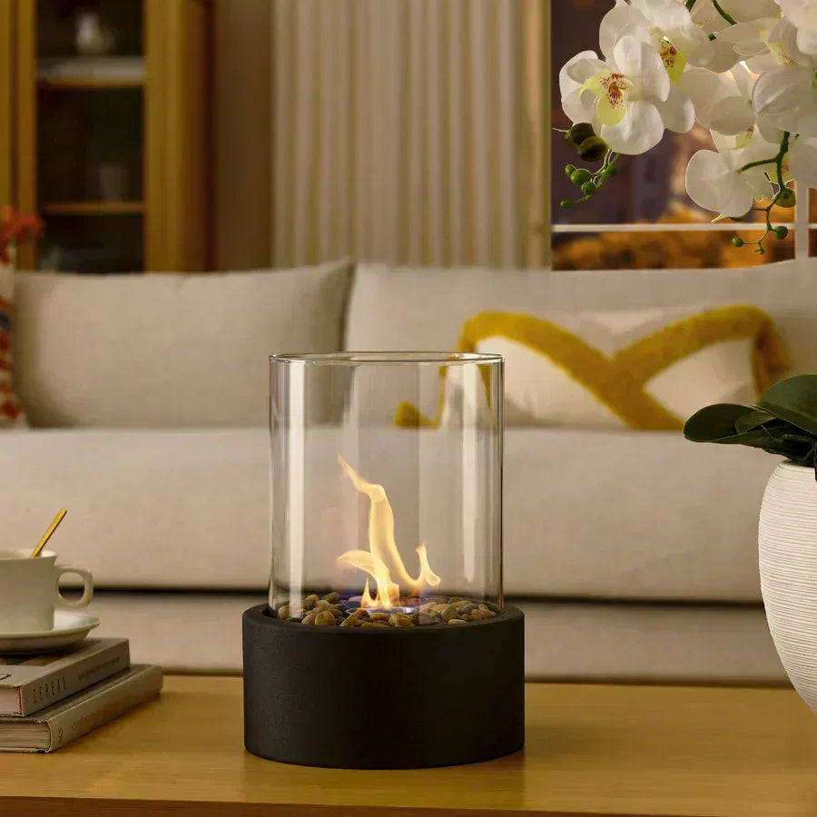 Tabletop Fireplace with Ethanol Fuel and Glass Cylinder