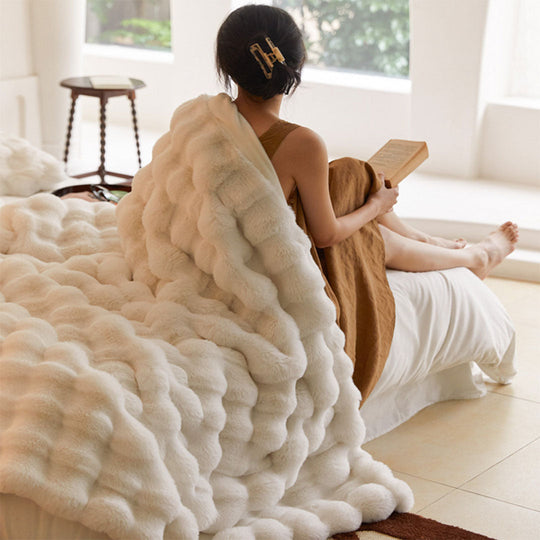 Throw Blanket with Faux Fur and Textured Fabric