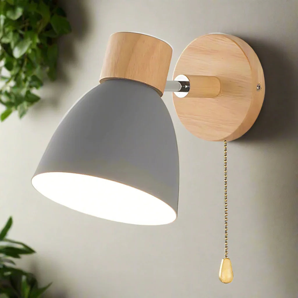 Wall Light with Pull Switch and Natural Wood Finish